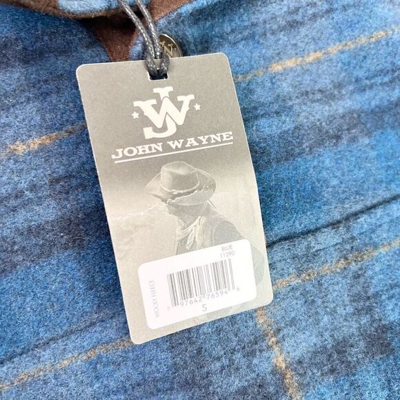 John Wayne Wooly  Fleece Sweater Mens Small Blue Quarter Snap Button Plaid New - Picture 4 of 11